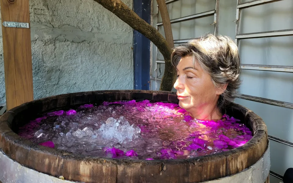 Radha practising calm presence during an ice bath